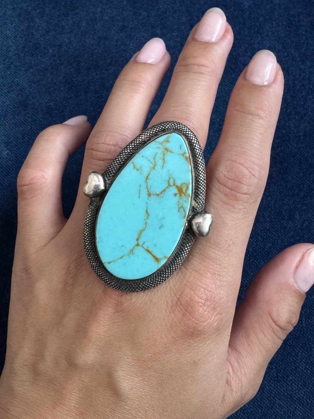 Vintage 925 Sterling Silver Large pear shape turquoise sign statement Ring
